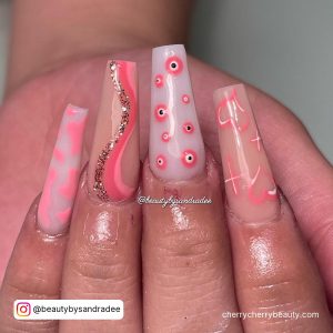 Pink Cow Print Nails With Hearts And Swirls