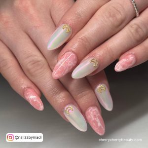 Pink Gold Marble Nails In Almond Shape