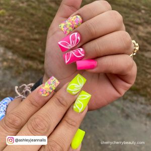 Pink Green And White Butterfly Nails