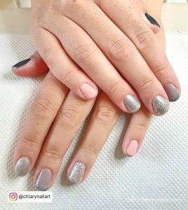 Pink Grey And Glitter Nails For Short Lengths