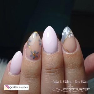 Pink Grey Nails With Flowers