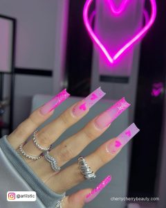 Pink Heart Nail Designs In Coffin Shape