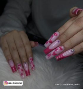 Pink Heart Nail Designs With Diamonds
