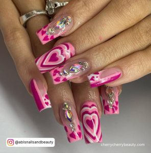 Pink Heart Nail Designs With Rhinestones