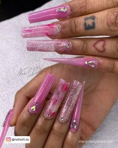 Pink Heart Nail Designs With Rhinestones
