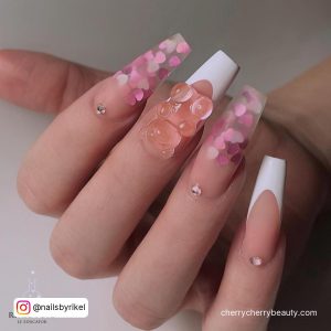 Pink Heart Nail Stickers With Teddy Bear On One Finger