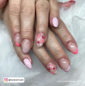 Pink Heart Nails With Red Hearts
