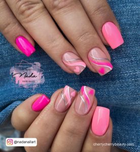 Pink Heart Nails With Swirls