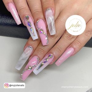 Pink Marble Acrylic Nails With Rhinestones