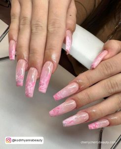 Pink Marble Coffin Nails For Long Length