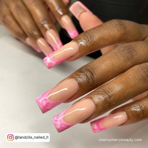 Pink Marble French Tip Nails In Coffin Shape