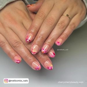 Pink Marble Nails Short With Design On Tips