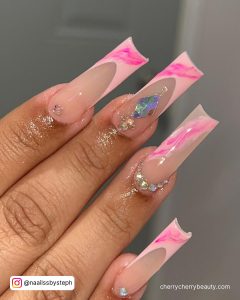 Pink Marble Nails With Rhinestones