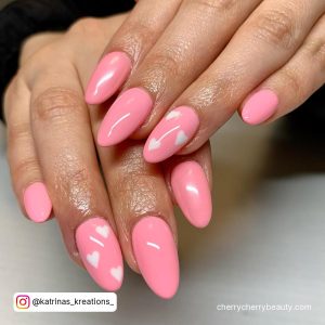 Pink Nails White Hearts On Almond Shape