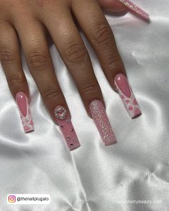 Pink Nails With Cow Print And Glitter