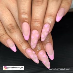 Pink Nails With Hearts On Almond Shape