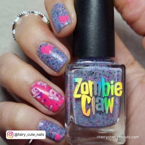 Pink Nails With Hearts On Zombie Claw Nail Polish