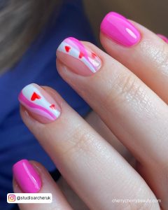 Pink Nails With Red Hearts And Swirls