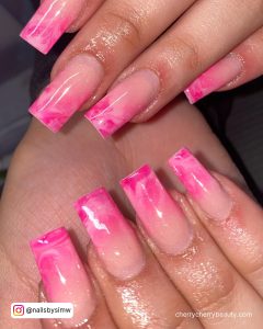 Pink Ombre Nails With Marble In Coffin Shape