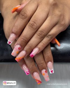 Pink Orange And White Nails With Hearts And Flowers