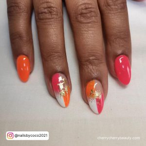 Pink Purple And Orange Nails In Almond