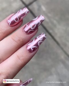 Pink Rose Gold Chrome Nails With White Hearts