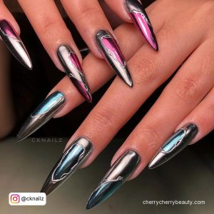 Pink Silver Chrome Nails In Stilleto Shape