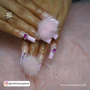 Pink Square Nails Designs With Fur And Embellishments