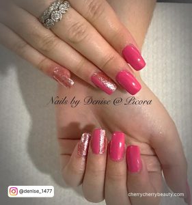 Pink Square Nails With Chrome Finish On One Finger