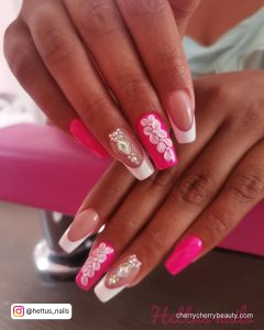 Pink Tapered Square Nails With White Design And Tips