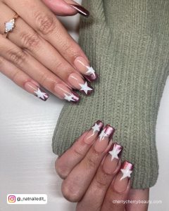 Pink White Chrome Nails With Stars