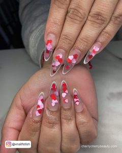Pink With Red Hearts Nails On Clear Base Coat
