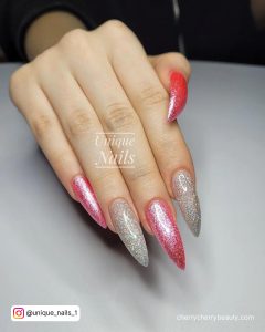 Pink With Silver Glitter Nails