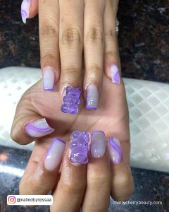 Purple Acrylic Nail Designs With Bear On One Finger