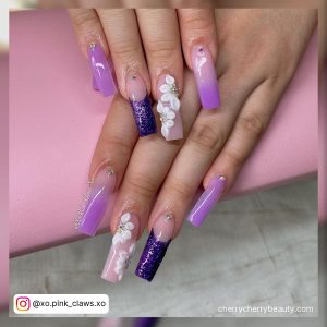 Purple Acrylic Nails Coffin With Flowers
