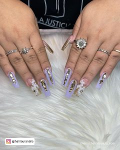Purple And Gold Acrylic Nails With Rhinestones