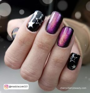 Purple And Silver Acrylic Nails With Stars
