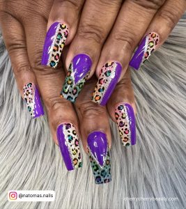 Purple And Silver Coffin Nails With Cheetah Print