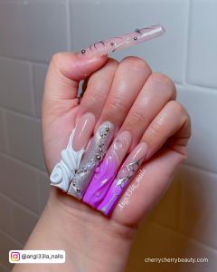 Purple And Silver Nail Designs On Extra Long Length