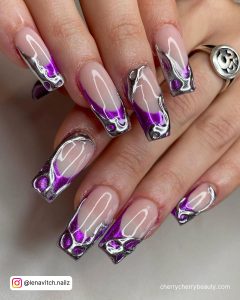 Purple And Silver Nails With French Tips