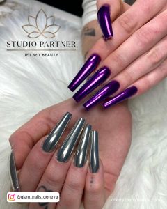 Purple Black And Silver Nail Designs With Chrome Effect