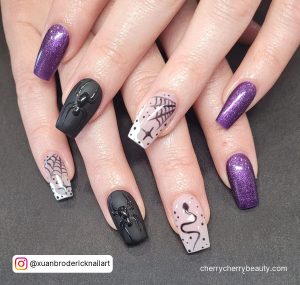 Purple Halloween Acrylic Nails With Webs And Spiders