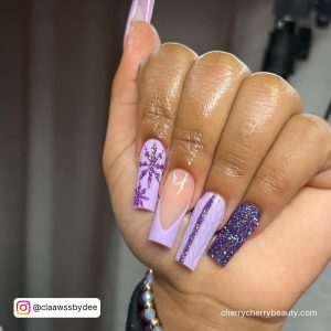 Purple Nails Acrylic With A Different Design On Each Finger