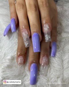 Purple White And Clear Nails With Butterflies