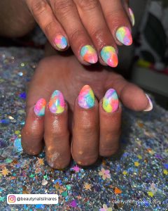 Rainbow Summer Acrylic Nails Almond Shape Over Glittery Surface
