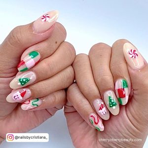 Red And Pink Christmas Nails With Christmas Tree And Snowman