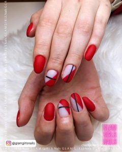Red And White Nails With Black Line Design