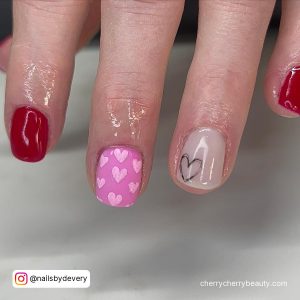 Red Nails With Pink Hearts For Short Length