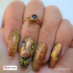 Rose Gold Birthday Nails Coffin With Animal Print On One Finger