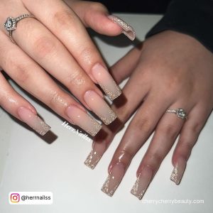 Rose Gold Coffin Acrylic Nails With Nude Base Coat